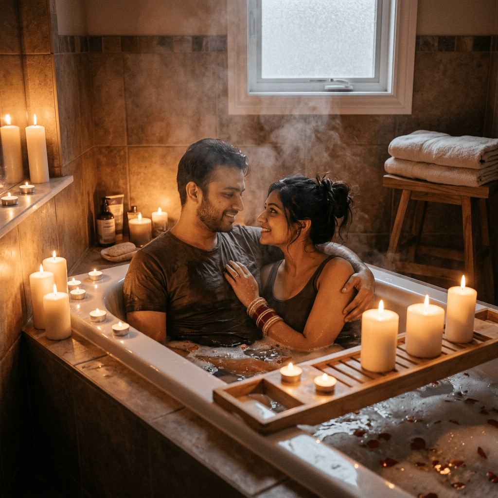 Couple in a bathtub surrounded by lit candles and steam